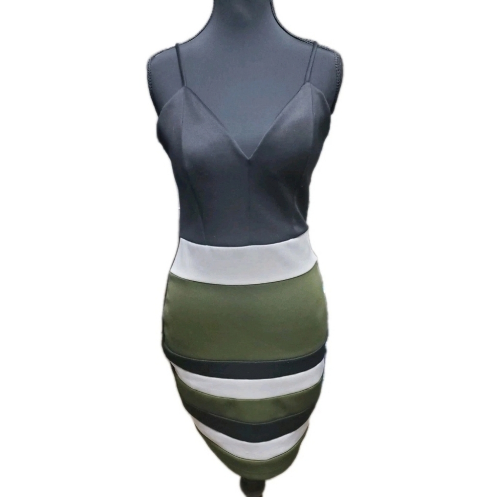 Vintage Windsor Dress Womens Medium Black & Green Bodycon Mini V-neck Party
